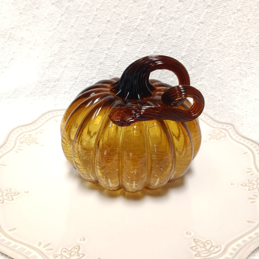 Crackled Glass Blown Orange Amber Pumpkin